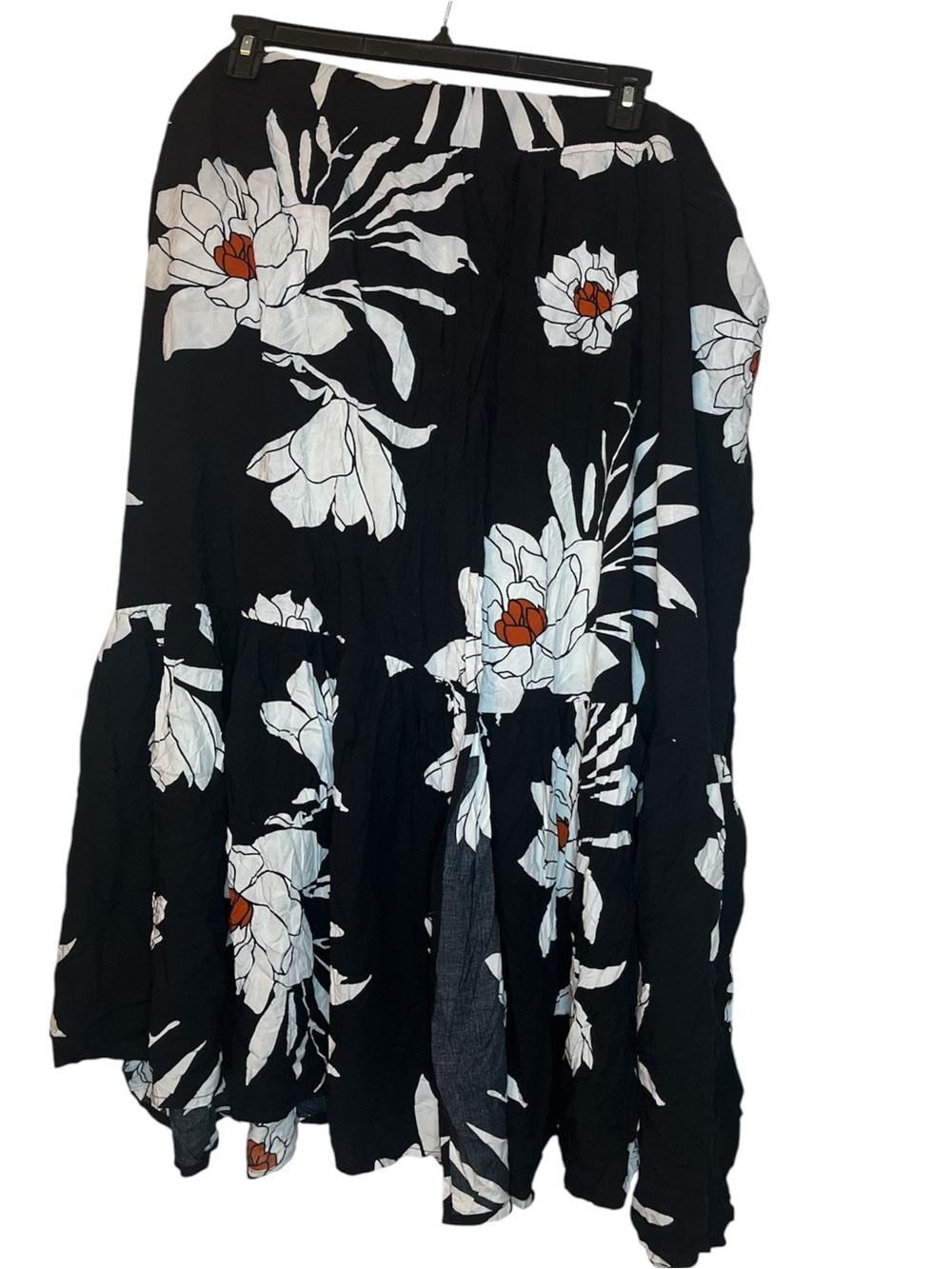 Black Floral Tiered Maxi Skirt with White & Rust Accents